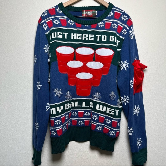 Spencers Men Christmas Sweater Large‎ Blue Beer Pong My Balls Wet Light Up - Picture 1 of 14